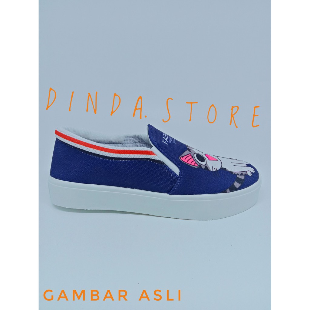 Fiadi Sepatu Wanita Slip On Cat Cute Printing Murah - Dongker Dan Putih