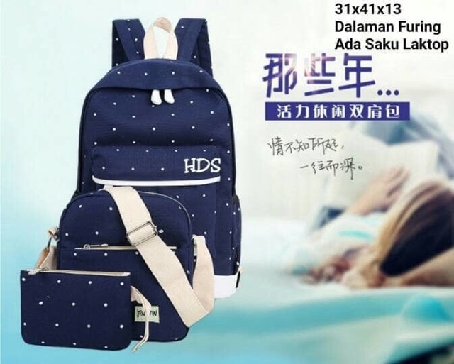 Travel backpack fashion set 3in1 ( ransel, selempang , pouch)