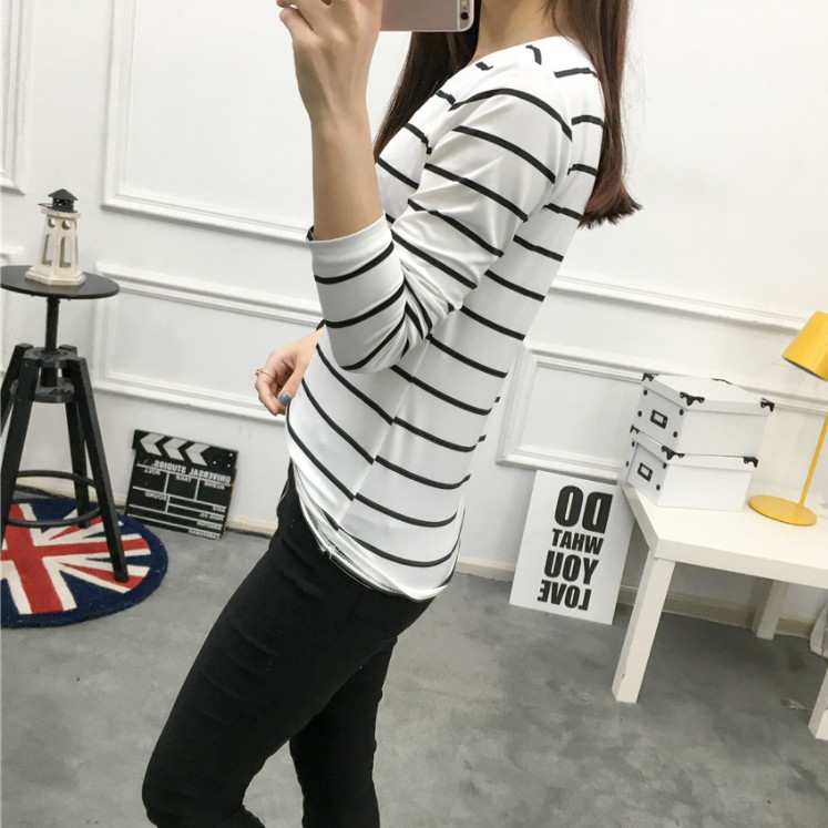 Kaos Wanita Lengan Panjang Kaos Bergaris T-shirt Casual Leher Bulat Kaos Fashion Korean Style