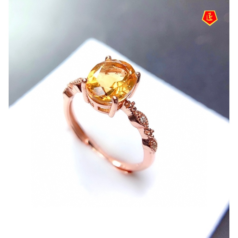 [Ready Stock]Elegant Women's Natural Oval Citrine Ring 18K Rose Gold