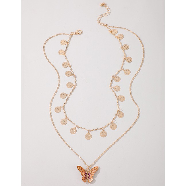 LRC Kalung Wanita Fashion Rose Gold Circle Butterfly Smiley Alloy Multilayer Necklace P06580