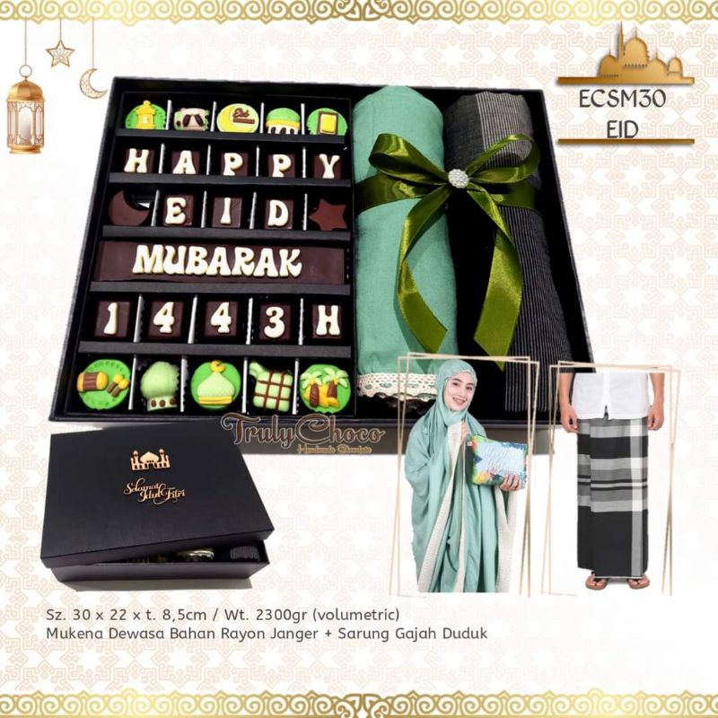 

Trulychoco - Set hampers couple mukenah sarung dan cokat lebbaran untuk keluarga