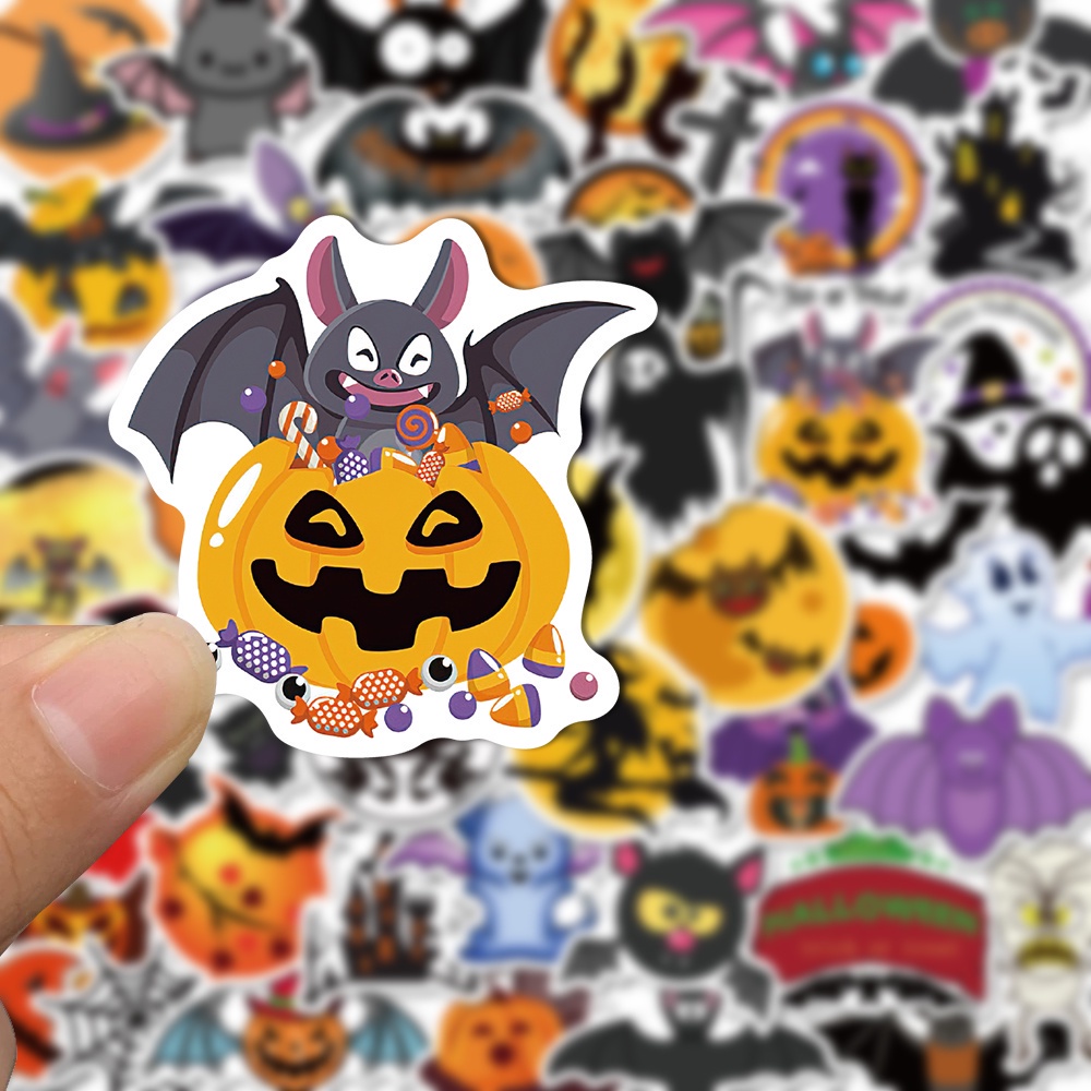 50 Pcs Stiker Graffiti Kartun Labu Kepala Kelelawar Halloween Tahan Air Untuk Dekorasi Laptop