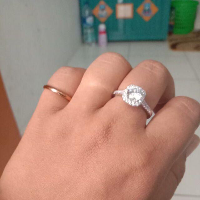 Bisa Cod 1 Karat Cincin Halo Silver - 925 Silver Cincin Emas Putih (READY STOCK) 22C3#