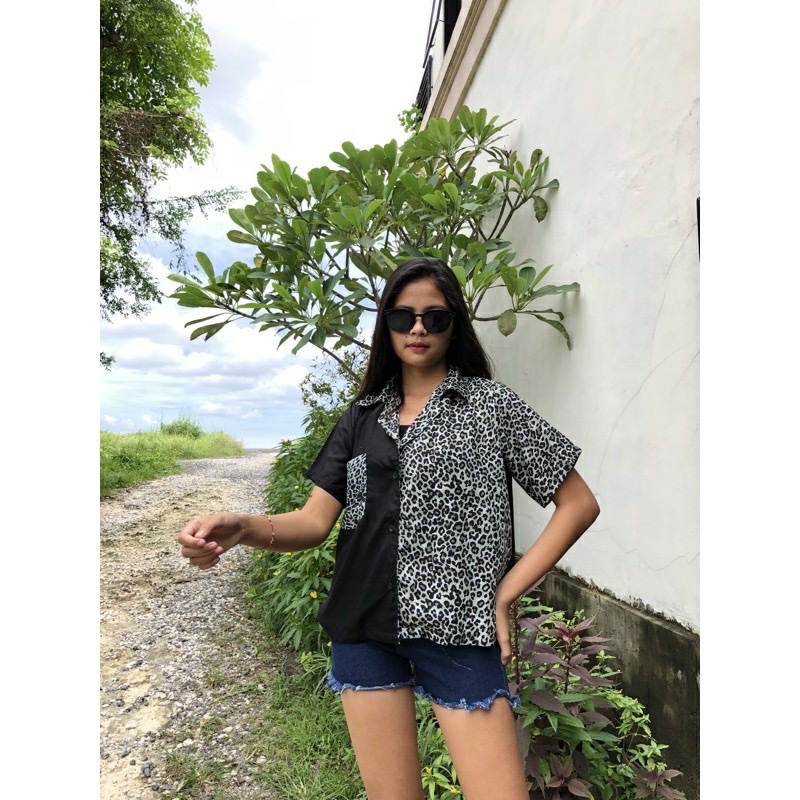 Kemeja Kasual Two Tone 2WARNA / DM | Baju Atasan Wanita Lengan Pendek | Kemeja Perempuan Stylish | K