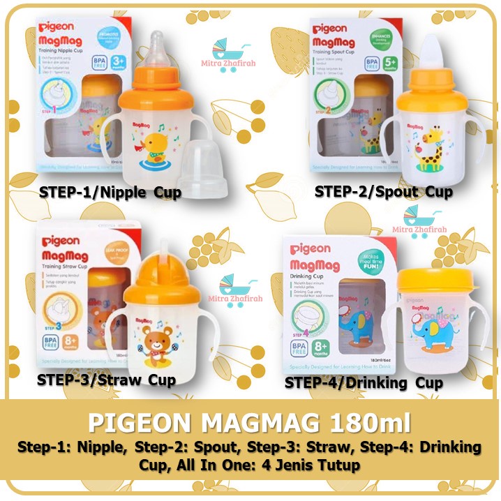 ✅MZ✅ Pigeon Mag-Mag Training Step 1 / Step 2 / Step 3 / Step 4 / All in One 4in1 4 in 1 - MAGMAG PIGEON Step 1 Nipple Cup -  MAGMAG PIGEON Step 2 Spout Cup -MAGMAG PIGEON Step 3 Straw Cup -MAGMAG PIGEON Step 4 Drinking Cup