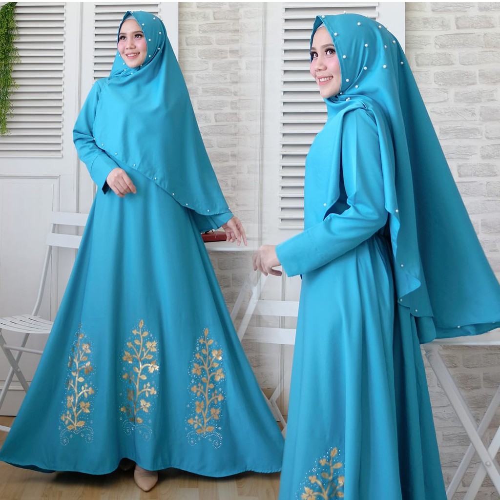 HOPYLOVY - Gamis Wanita Modern Rosma Syari + Bergo Tabur Mutiara