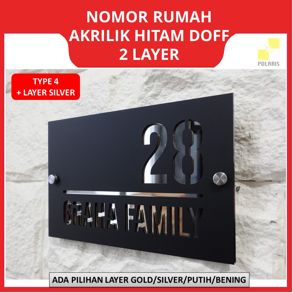 NOMOR RUMAH AKRILIK MODERN HITAM DOFF 2 LAYER - PAPAN NO RUMAH ACRYLIC CUSTOM TULISAN LUBANG DESIGN MINIMALIS - PAPAN ALAMAT NOMER RUMAH AKRILIK MIRROR GOLD/SILVER ELEGAN