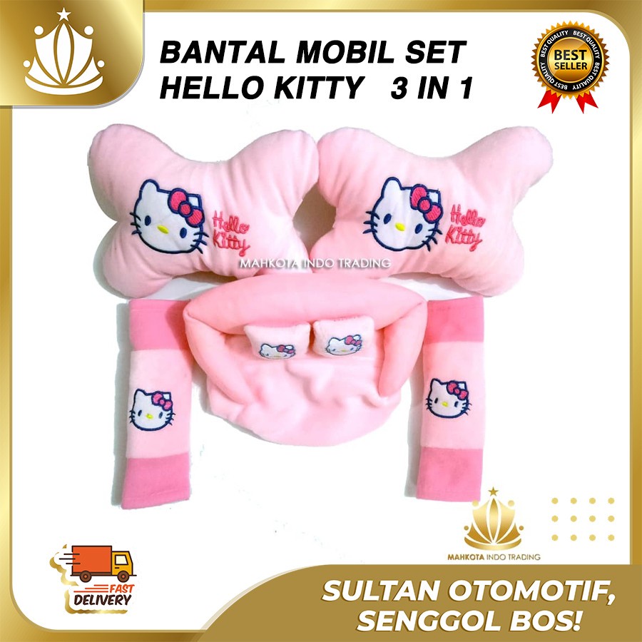 Bantal Jok Mobil Hello Kitty (HK) 3in1 / Bantal Leher Mobil HK Pink Hello Kitty / Tempat Tisu HK