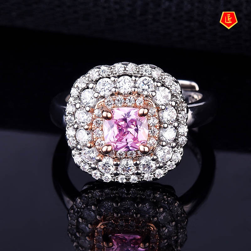 [Ready Stock]New Full Diamond Inlaid Pink Crystal Two-Tone Ring Luxury