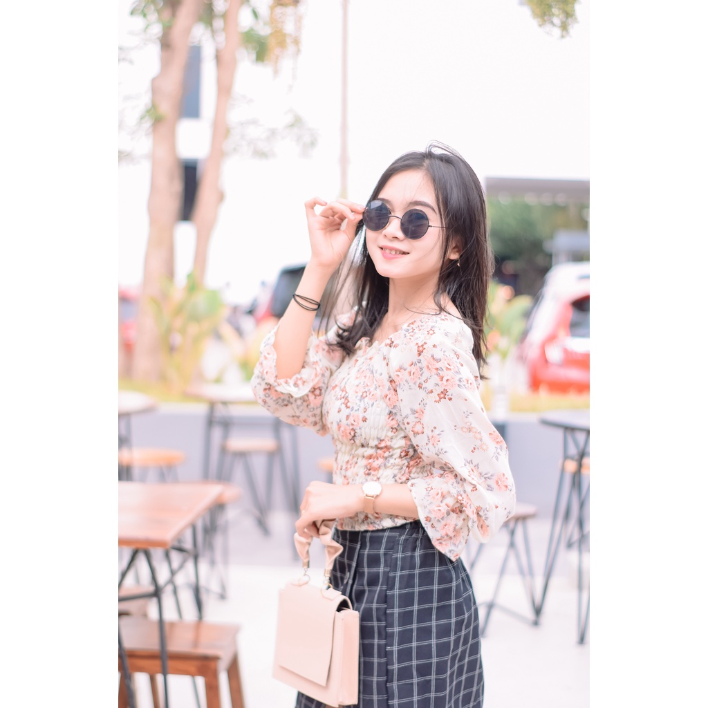 atasan Chiffon import korean style Blouse Serut Karet Sabrina Lengan Panjang Motif Bunga Bahan Sifon Casual cecilia flow