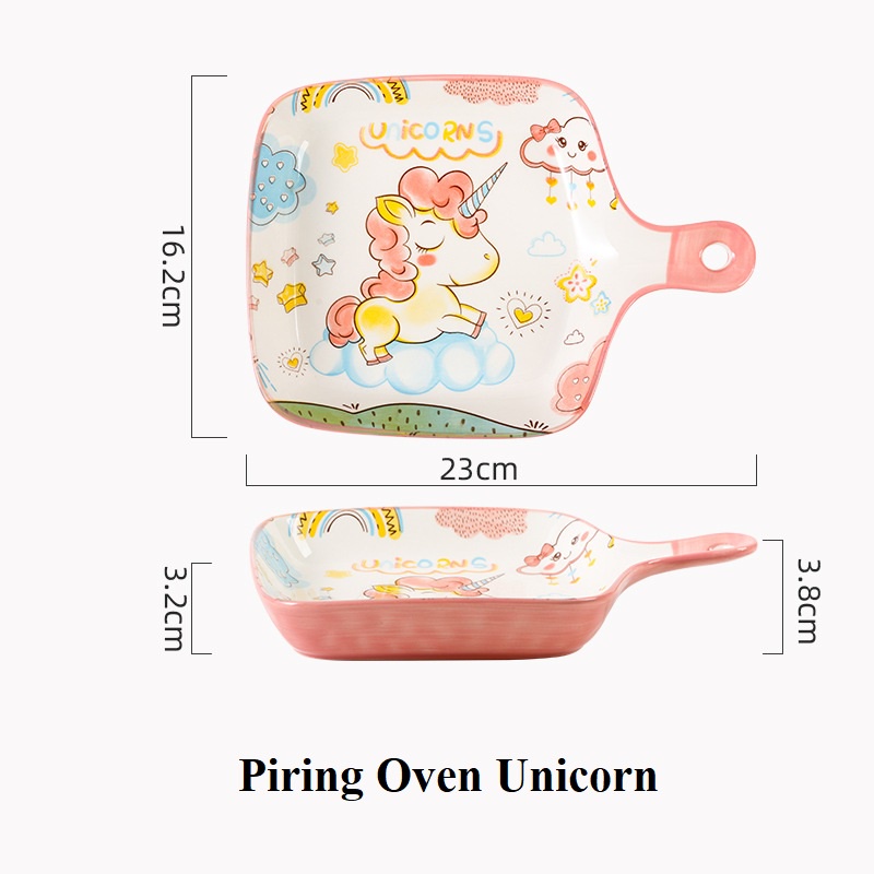 Piring/Mangkok Keramik Korea Lucu Happy Dino/Unicorn Gagang Piring Baking Korea