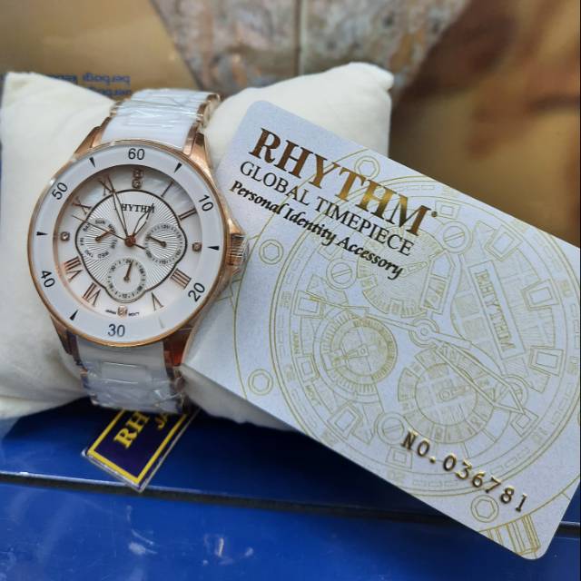 Jam Tangan Wanita Keramik  Rhythm 1402 Original Ceramic Chrono Multifungsi Sport