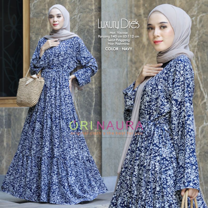 luxury dress navy dan peach - dress wanita - gamis luxury