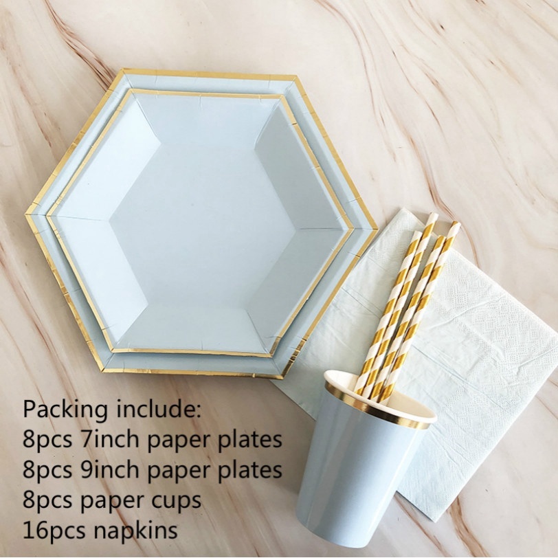 40Pcs/set Disposable Light Blue Bronzing Tableware Paper Dessert Dinner Plate for Festival Party Supplies