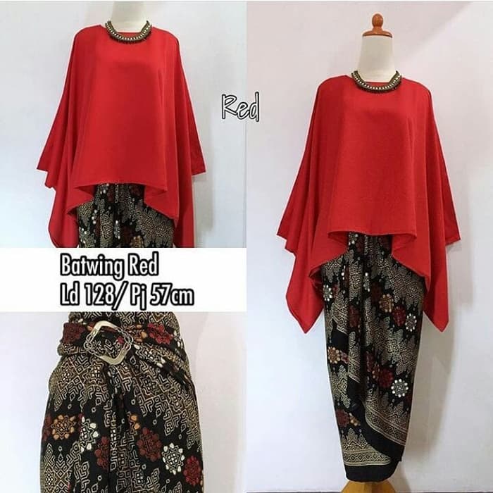 SETELAN KEBAYA WANITA MODEL BATWING / KALONG RED / MERAH  BAWAHAN ROK LILIT DAN ANEKA WARNA