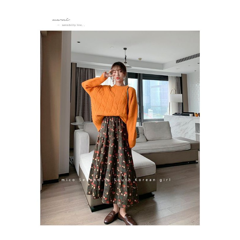Rok Midi High Waist Bahan Corduroy Motif Bunga Gaya Korea