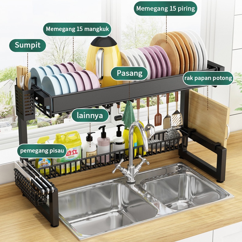 2 Susun Rak Piring Wastafel Dengan Kabinet Rak Wastafel Cuci Piring Rak Piring Stainless Steel Rak Dapur Multifungsi Dengan Aksesoris