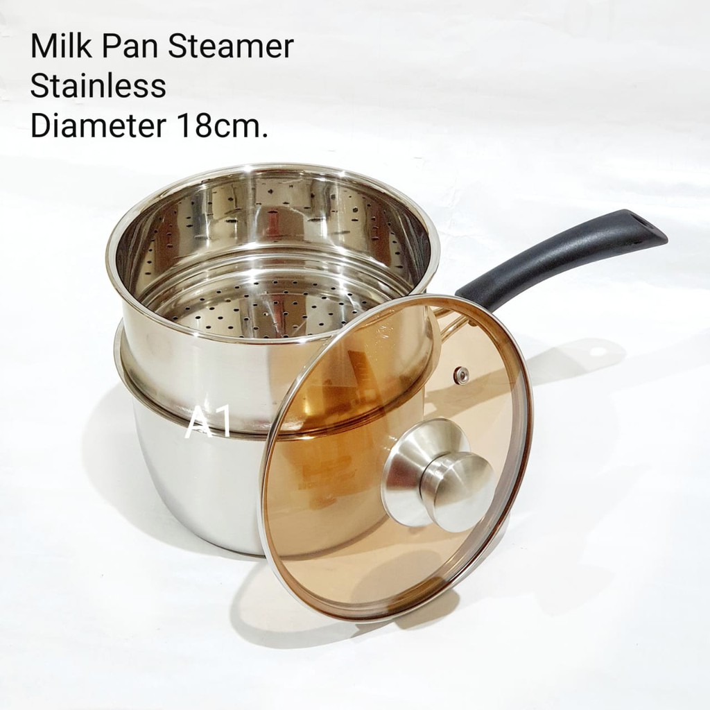 A1 Dandang Steamer Panci Kukus Kecil Susun 2 Stainless Tebal Gagang Tunggal Termasuk Tutup Kaca