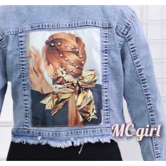 MC girl - Jaket Jeans Crop Rawis Gambar Pita Belakang 3D Wanita / Jacket Lepis Body Pendek Rumbai Gambar Belakang Sequin Cewek / Jaket Denim Snow Wash