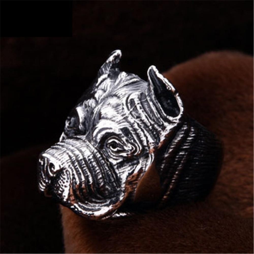 SEUSUK  Perhiasan Cincin Punk Vintage Desain Anjing Pitbull Warna Silver untuk Pria