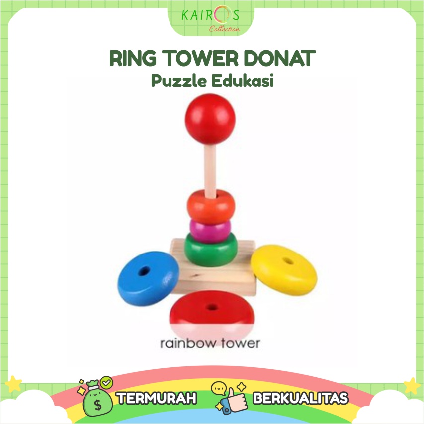 Mainan Anak Ring Donat Kayu Puzzle Kayu Rainbow Tower Menara Pelangi