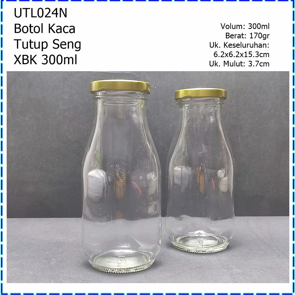 UTL024N Botol Kaca/Botol Susu/Botol Madu/Botol Jus Kaca TEBAL Tutup Seng XBK 300ml