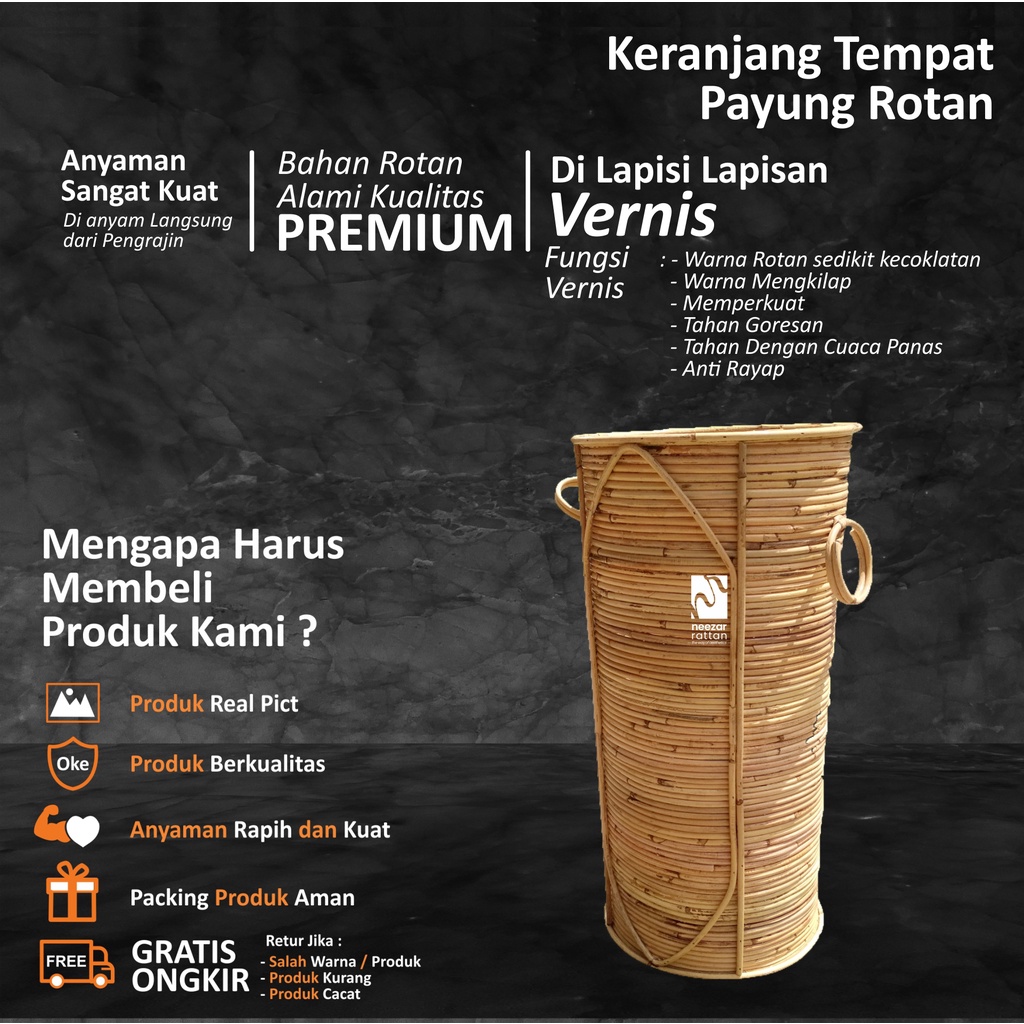 Tempat Wadah Payung Rotan Alami Vernis & Rotan Sintetis