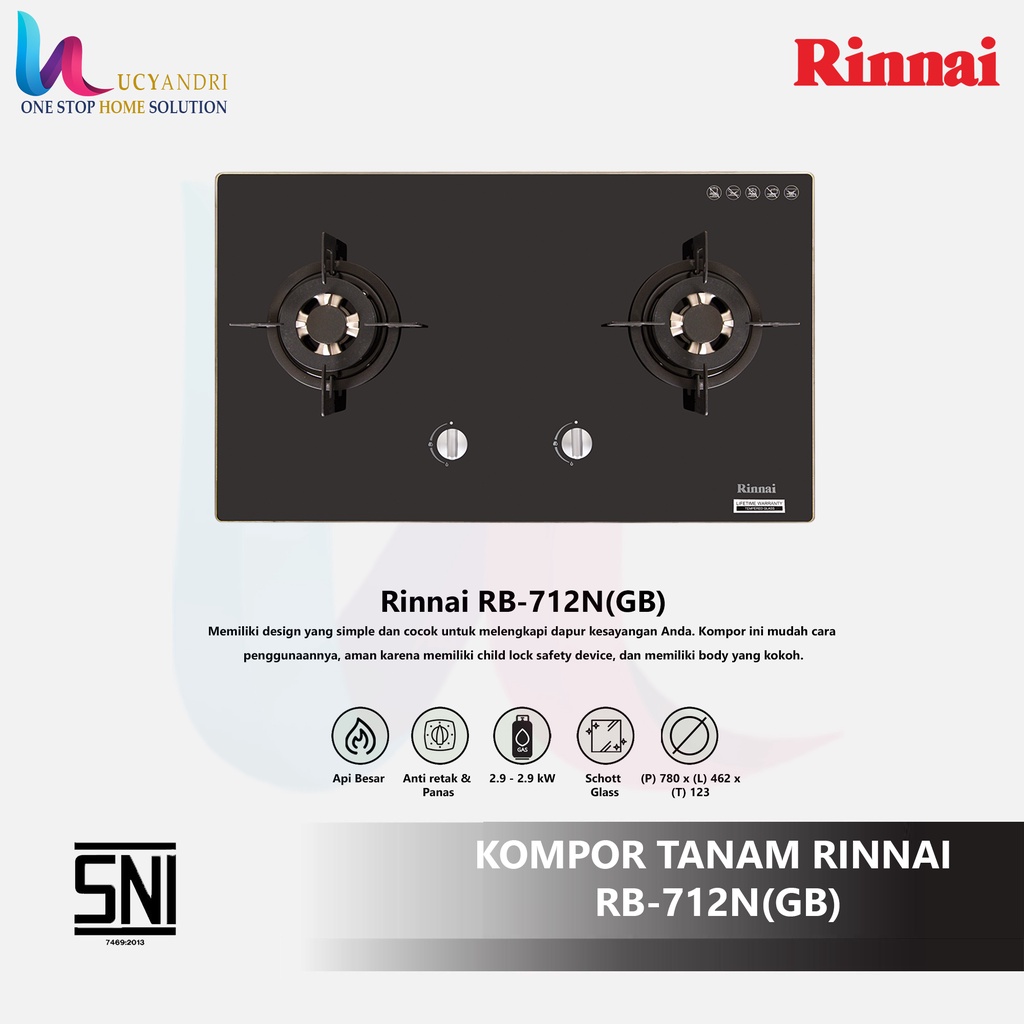 Kompor Gas Tanam Rinnai RB-712N(GB) / Rinai RB712NGB / 2 tungku ORIGINAL