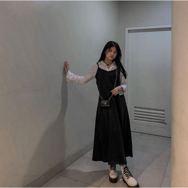 Long Dress Satin Wanita Bahan Saten Tali kecil Korea