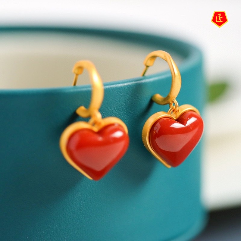 [Ready Stock]Elegant Heart-Shaped Natural South Red Agate Gold Earrings