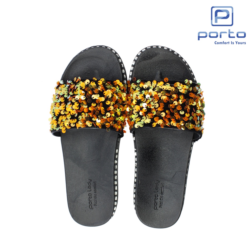 ELF-Z - Porto Leveling Sandal Selop Wanita Terbaru Motif Glitter Manik Nyaman Bagus Awet