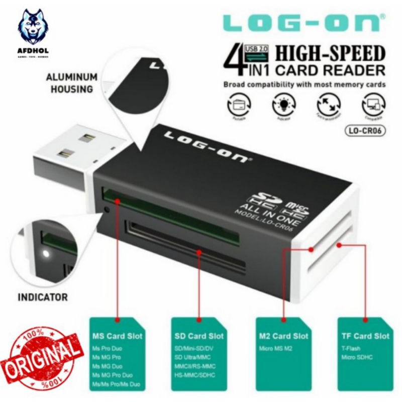 LOG ON CARD READER USB 4 SLOT 4 IN 1 CARDREADER USB 2.0 ALUMUNIUM LOGON CR06 USB PUTAR 4 IN 1 LOG ON ORIGINAL