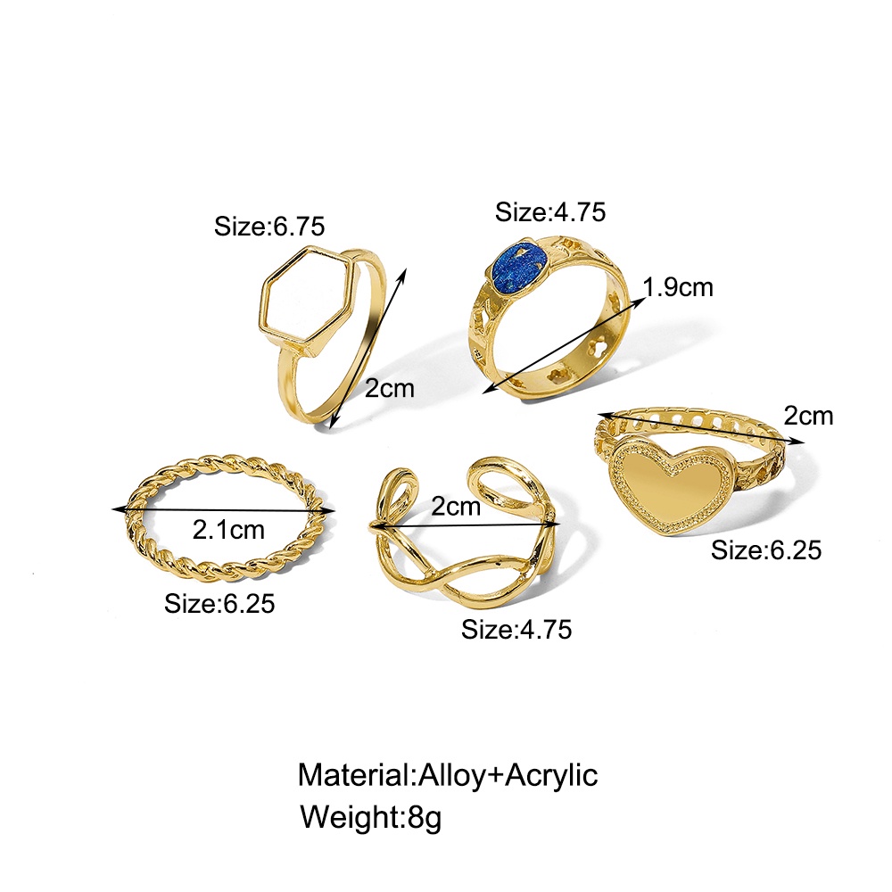 5 Pcs/set Gold Rings Set Simple Heart Shape Korean Elegant Finger Ring for Women Jewlery Fashion Accessories