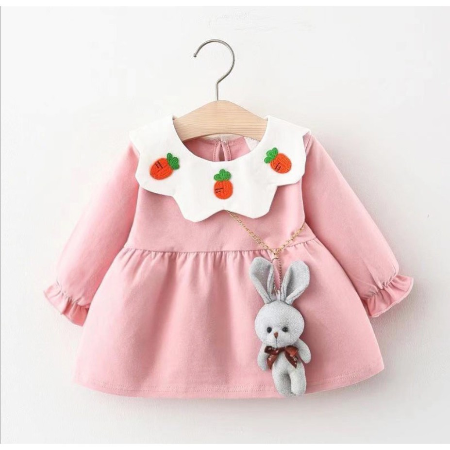 DTK 04 - Dress bayi lengan panjang/baju dress anak /pakaian bayi anak perempuan aksesories tas boneka kelinci