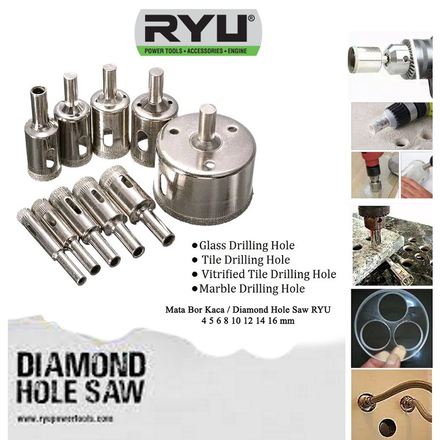 RYU Diamond Holesaw Hole Saw Mata Bor Kaca Granit Keramik Ukuran 4 5 6 8 10 12 14 16 mm / Mata Bor Kaca Drill Bit Cutter / Cutting Glass Marble