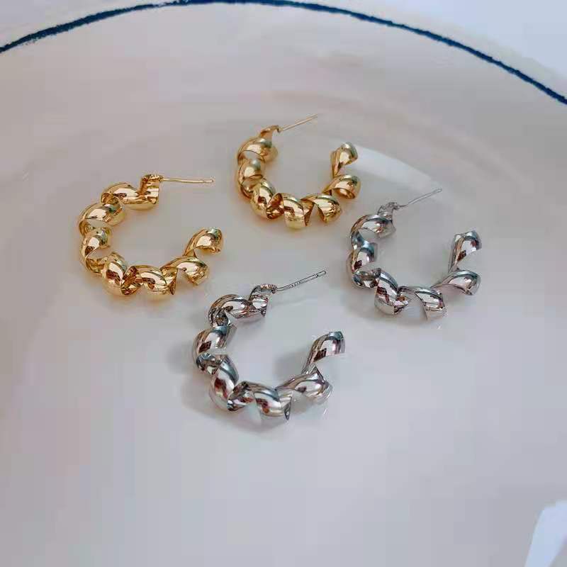 Anting Tusuk Bentuk C Spiral Simple Bahan Sterling Gold &amp; Silver (Takota 039)