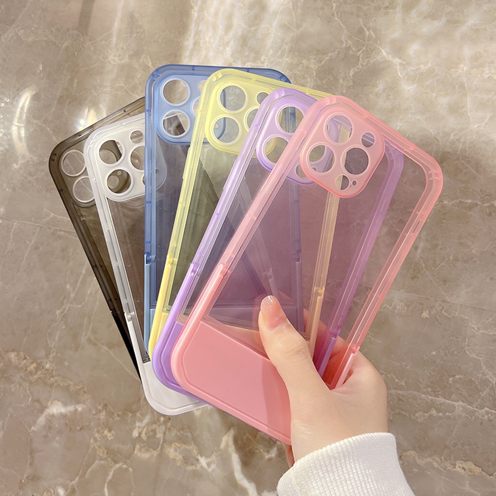 IPHONE Pink Casing Transparan Dengan Penyangga Holder Untuk Iphone11 8 7 Plus SE2 XS XR 12 13 PRO MAX Casing Cover Pelindung AT0202