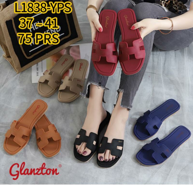 Sandal Glanzton 1838 Wanita Karet Jelly Import Sendal L1838 Glanston Glaston Flat Cewek Perempuan Selop Slop Murah Kekinian Kokop Slip L1838JPS L1838VPS L1838YPS Sun-FIRLY Impor Alice Cantik Casual Kasual Polos Model H Original 37-41