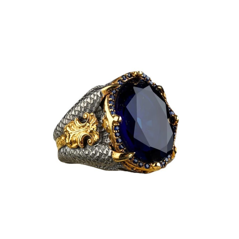 Cincin Model Terbuka Desain Cakar Naga Aksen Batu Permata Oval Biru Satu Ukuran Gaya Vintage Untuk Pria