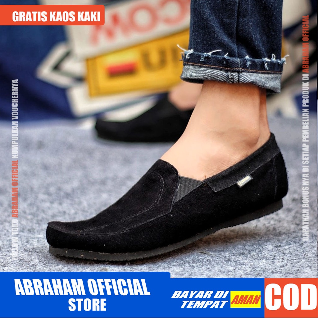 ABRAHAM Sepatu Casual Slip On Kulit Asli Hitam Kerja Slop Pria