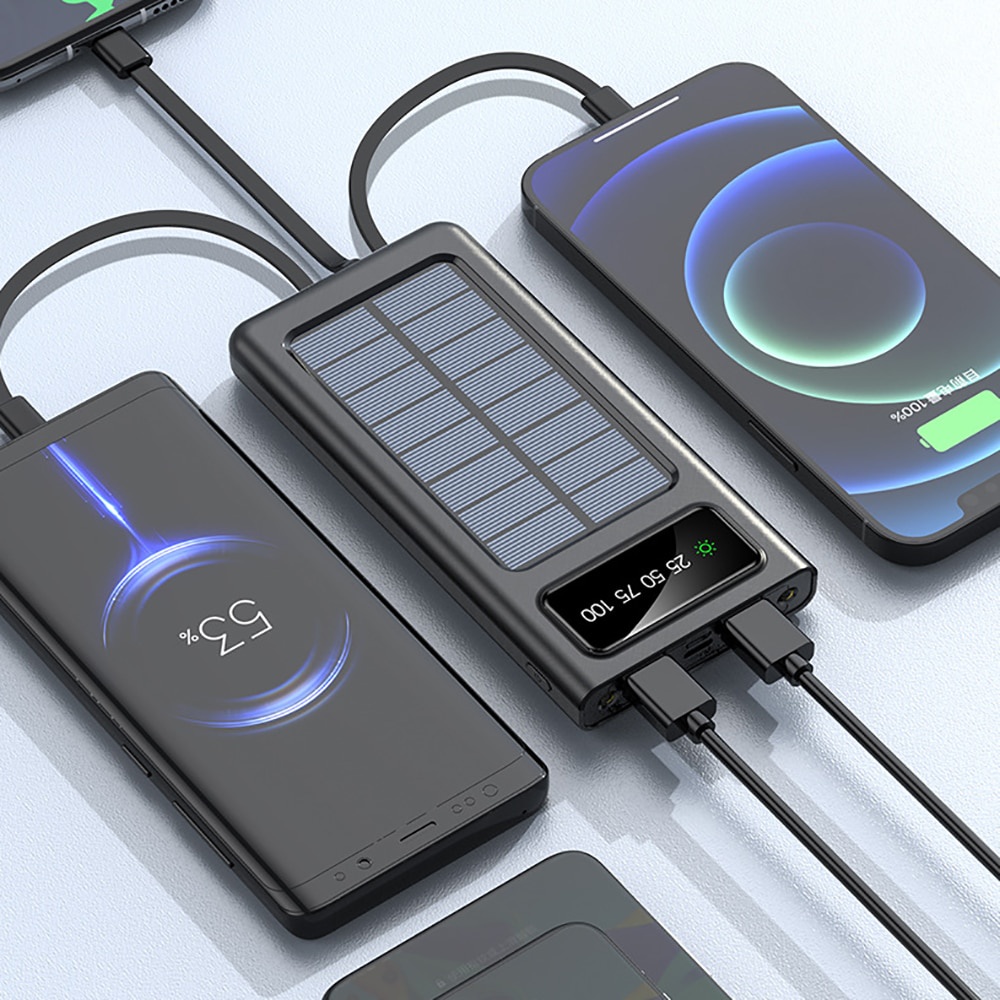 Power Bank 20000mAh Tenaga surya matahari Solar panel 2 Port Micro Lightning Type C Build in cable Solar Power Bank 20000mAh With Its Own Charging Cable Outdoor Powerbank External Battery Portable Charger Auxiliary Battery