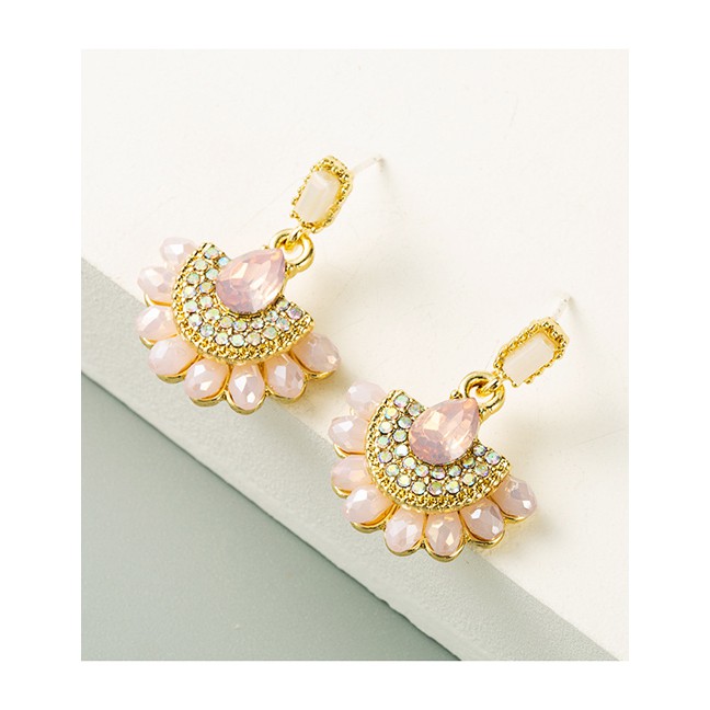 LRC Anting Tusuk Fashion Pink Half Flower-shaped Alloy Diamond Earrings P59673