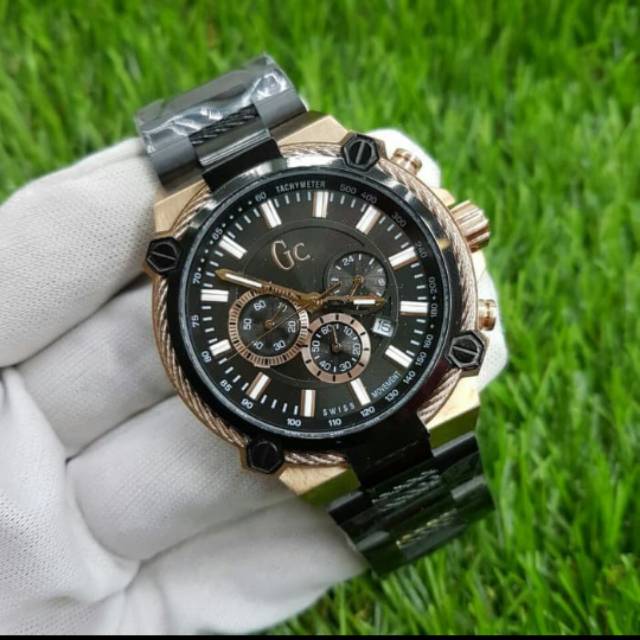 JAM TANGAN PRIA GC' CHAIN BLACK COMBI ROSE GOLD PREMIUM AAA