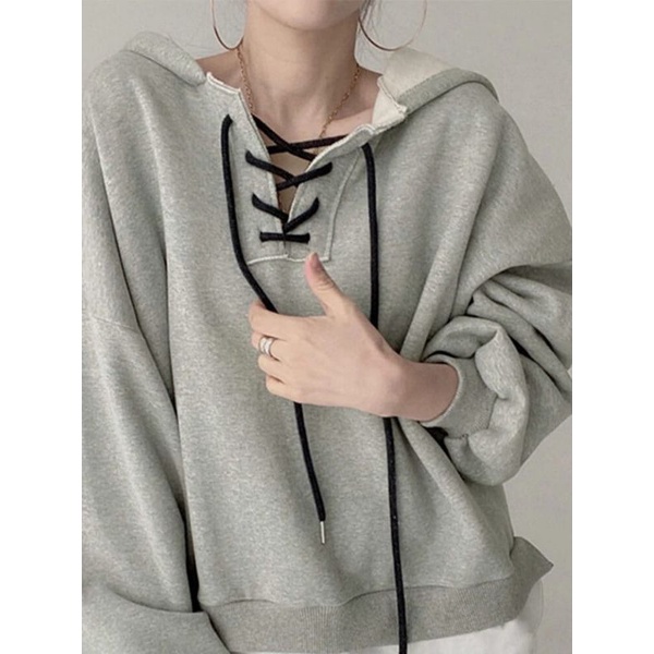 Cross Rope Hoodie Premium Sweat Fleece Wanita Korean Style