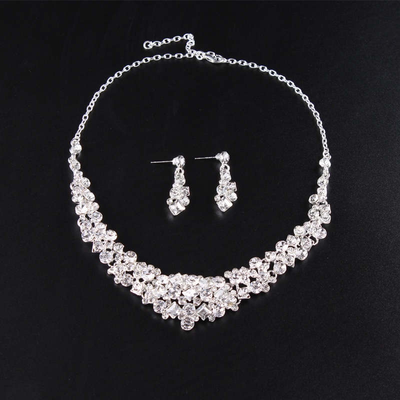 Set Perhiasan Kalung Anting Stud Bahan Alloy Aksen Berlian Untuk Pernikahan