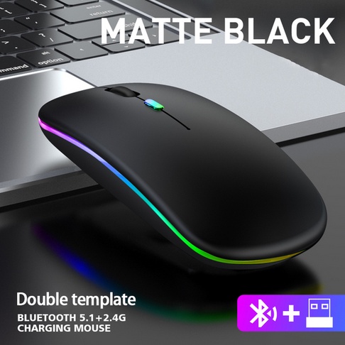 Bluetooth 5.1 + 2.4G Silent Wireless Mouse Rechargeable 1600 DPI RGB LED Backlit Isi Ulang Mouse Gaming-BT5.1+2.4G - Hitam