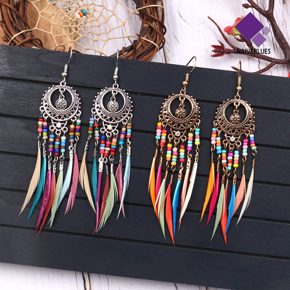 Anting Kait Gantung Desain Lingkaran Hollow Aksen Bulu Gaya Boho Untuk Wanita