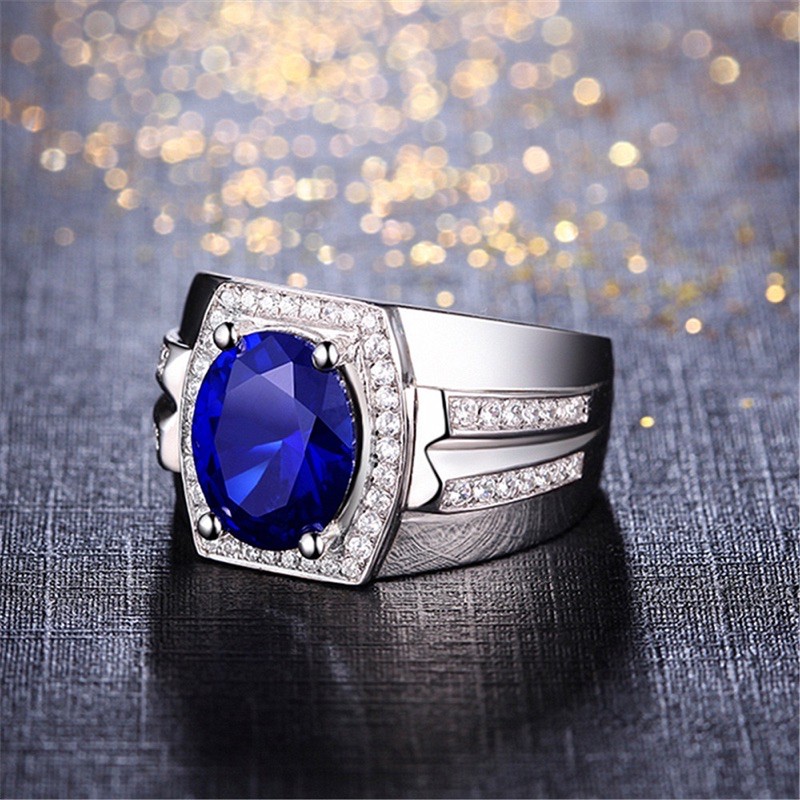 Cincin Pria Akik Safir Biru Ring Warna Perak Zircon Blue Saphire