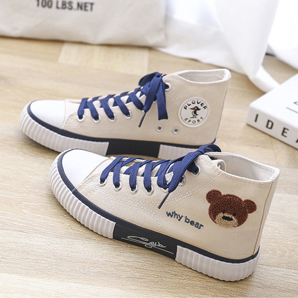 Sepatu Korea Wanita Why Bear Tinggi Putih Navy Import / Sepatu Sneakers Canvas Korean Style White High Women Fashion